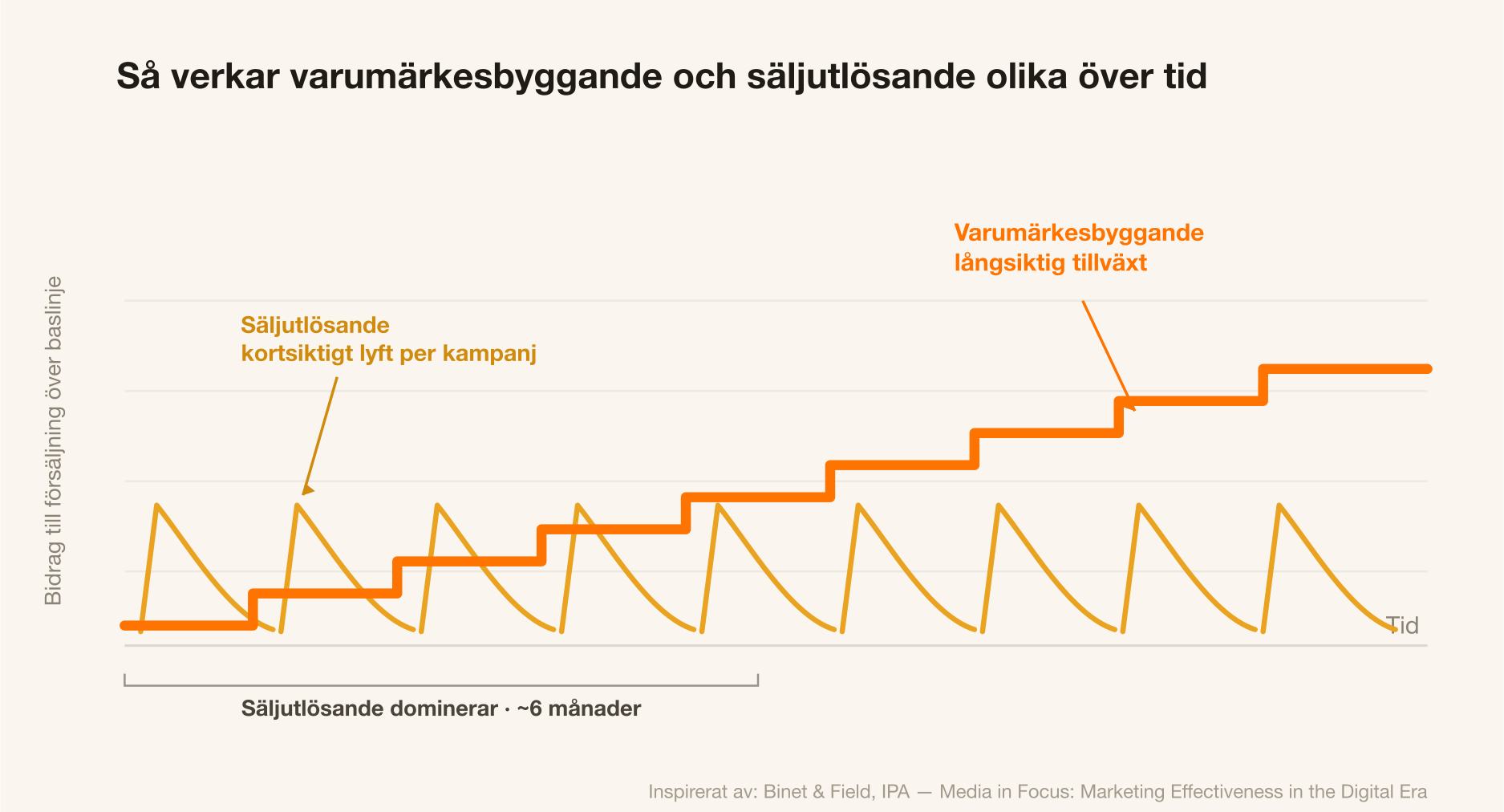 Graf: säljutlösande kampanjer toppar snabbt och faller mot noll, medan varumärkesbyggande byggs långsamt och passerar säljutlösande runt 6 månader.