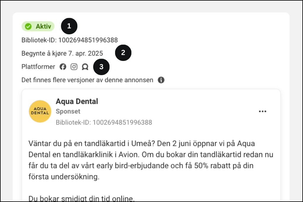Eksempel på konkurrentannoncer i Metas annoncebibliotek