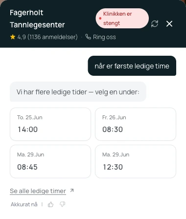 Fagerholts chatbot viser ledige timer når pasienten spør «når er første ledige time»