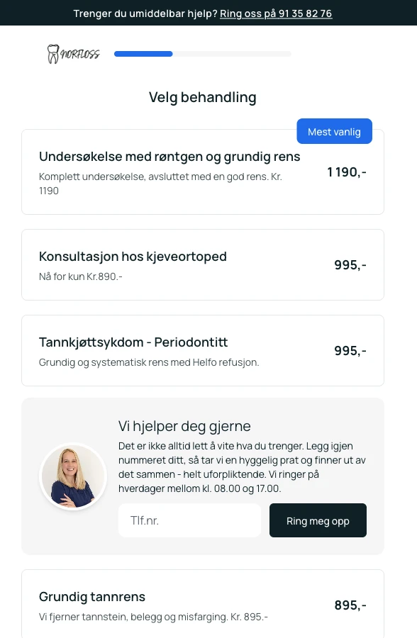 Booking-systemet til Norfloss på app.norfloss.no: velg behandling og book online