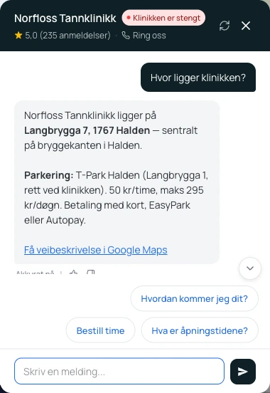 Norfloss-chatboten svarer en pasient om beliggenhet og parkering
