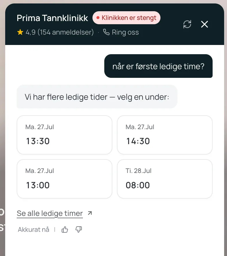 Prima-chatboten viser faktiske ledige timer fra Opus når pasienten spør «når er første ledige time?»
