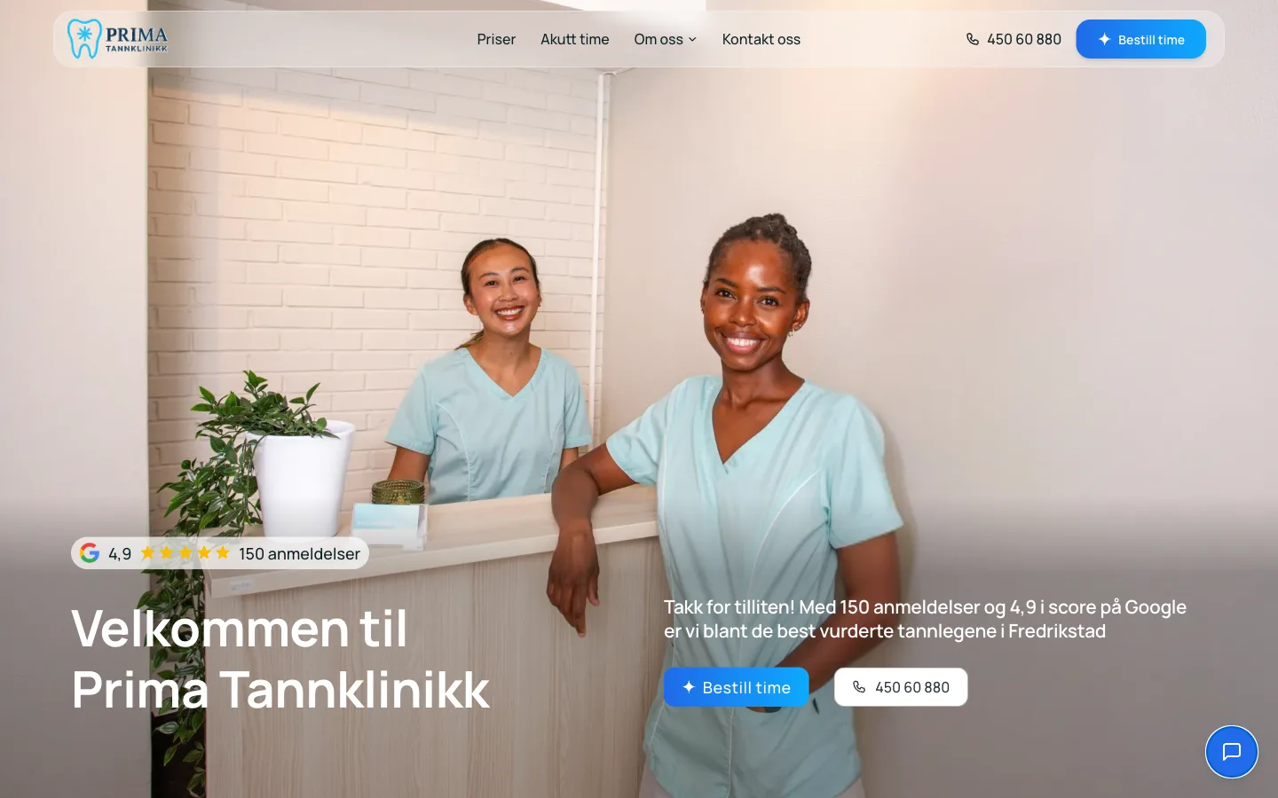 Forsiden til Prima Tannklinikks nettside